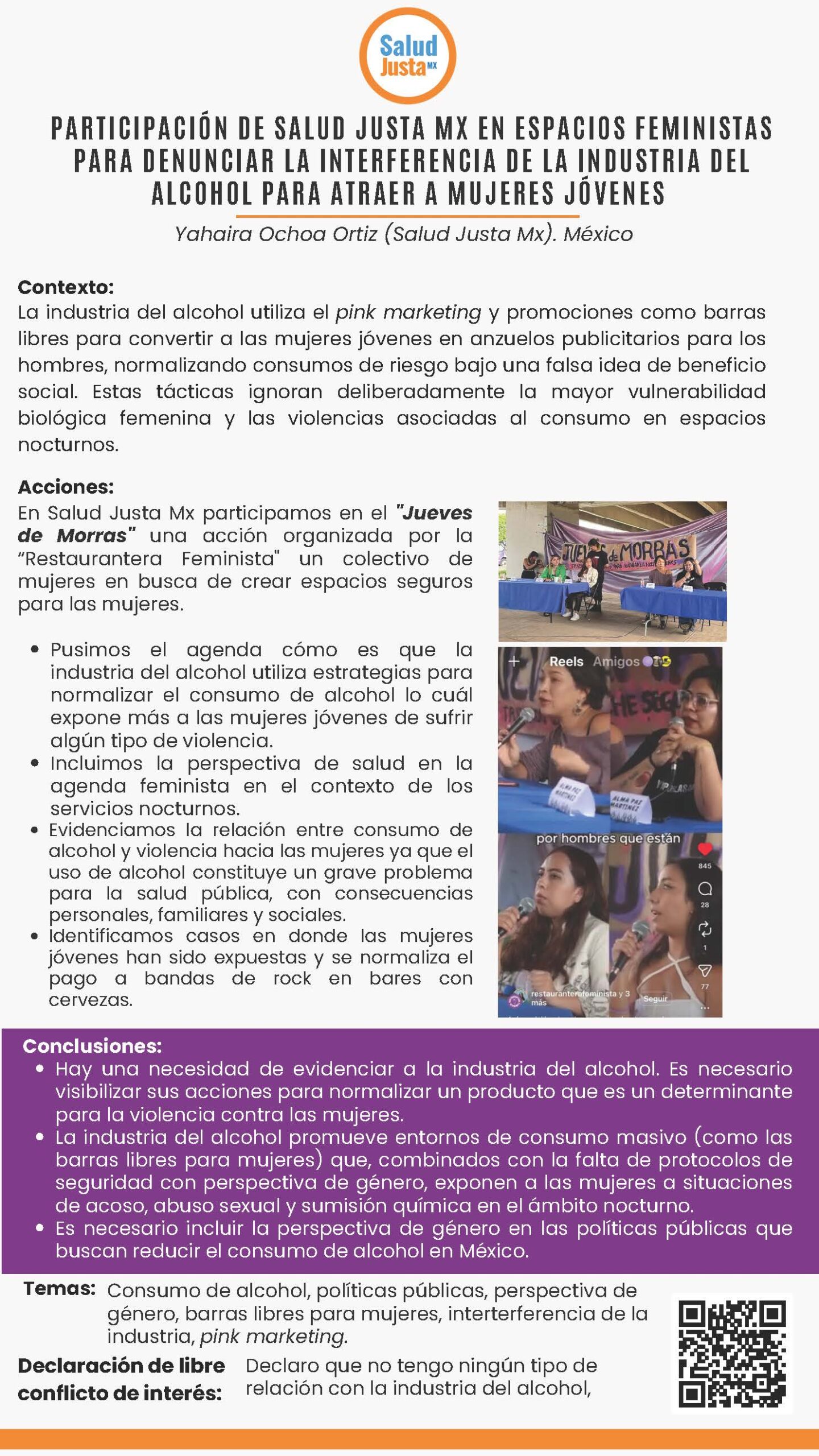 PARTICIPACIÓN DE SALUD JUSTA MX EN ESPACIOS FEMINISTAS PARA DENUNCIAR LA INTERFERENCIA DE LA INDUSTRIA DEL ALCOHOL PARA ATRAER A MUJERES JÓVENES
