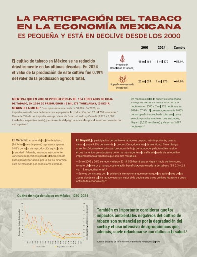 La participación del tabaco en la economía mexicana es pequeña y está en declive desde los 2000